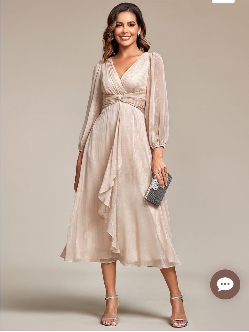 See-Through Long Sleeve Twist Knot A-Line Lotus Leaf Shimmering Evening Dress